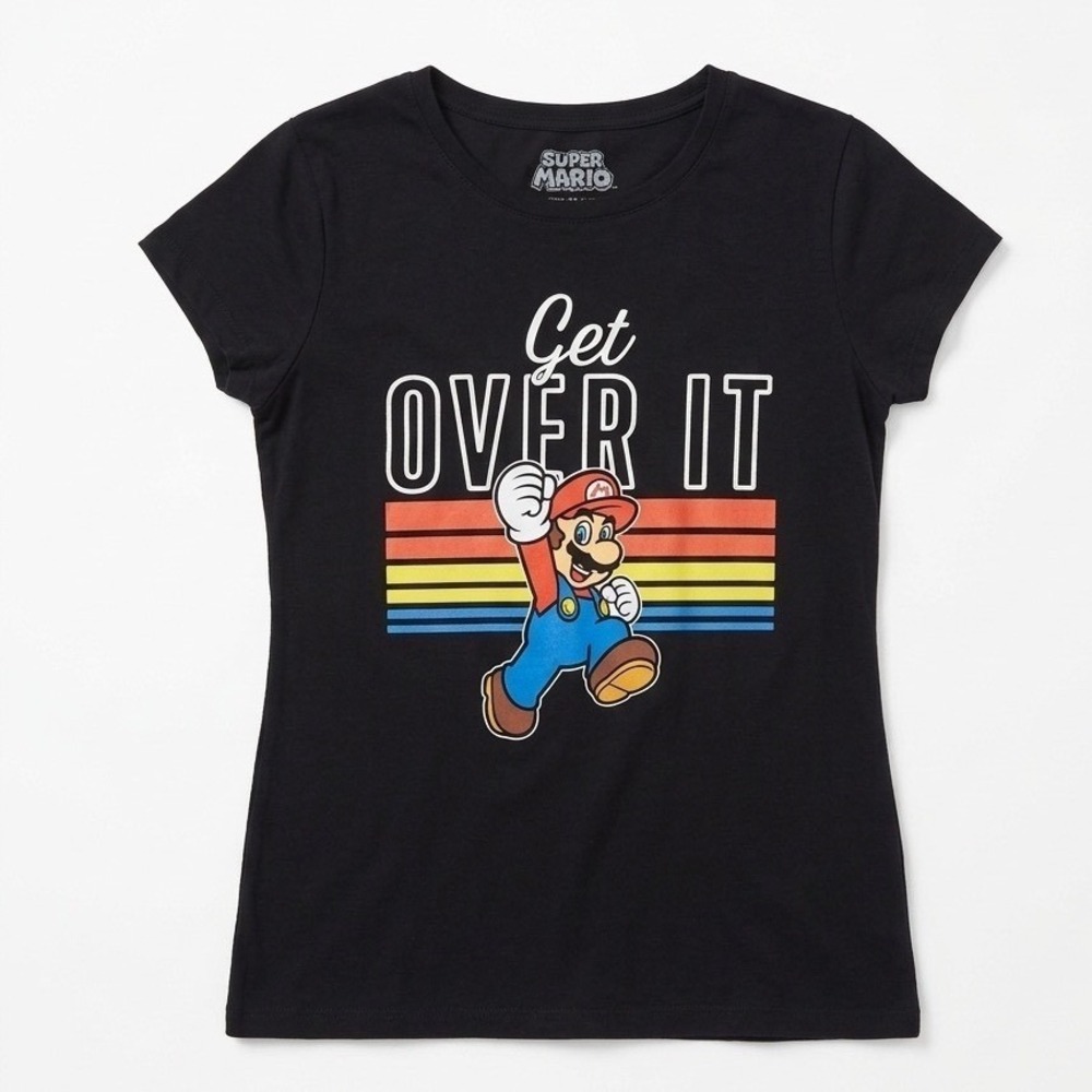 Super Mario Nintendo Get Over‎ It Graphic Tee Black Juniors XL 15-17 Retro Gamer